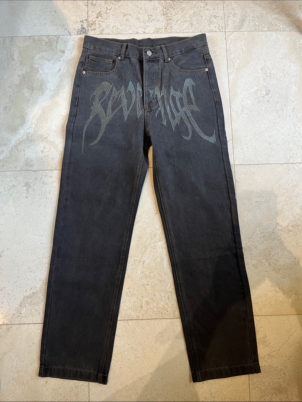 Revenge Men's Dark Grey Embroidered Graphic Straight-Leg Jeans Sz Medium